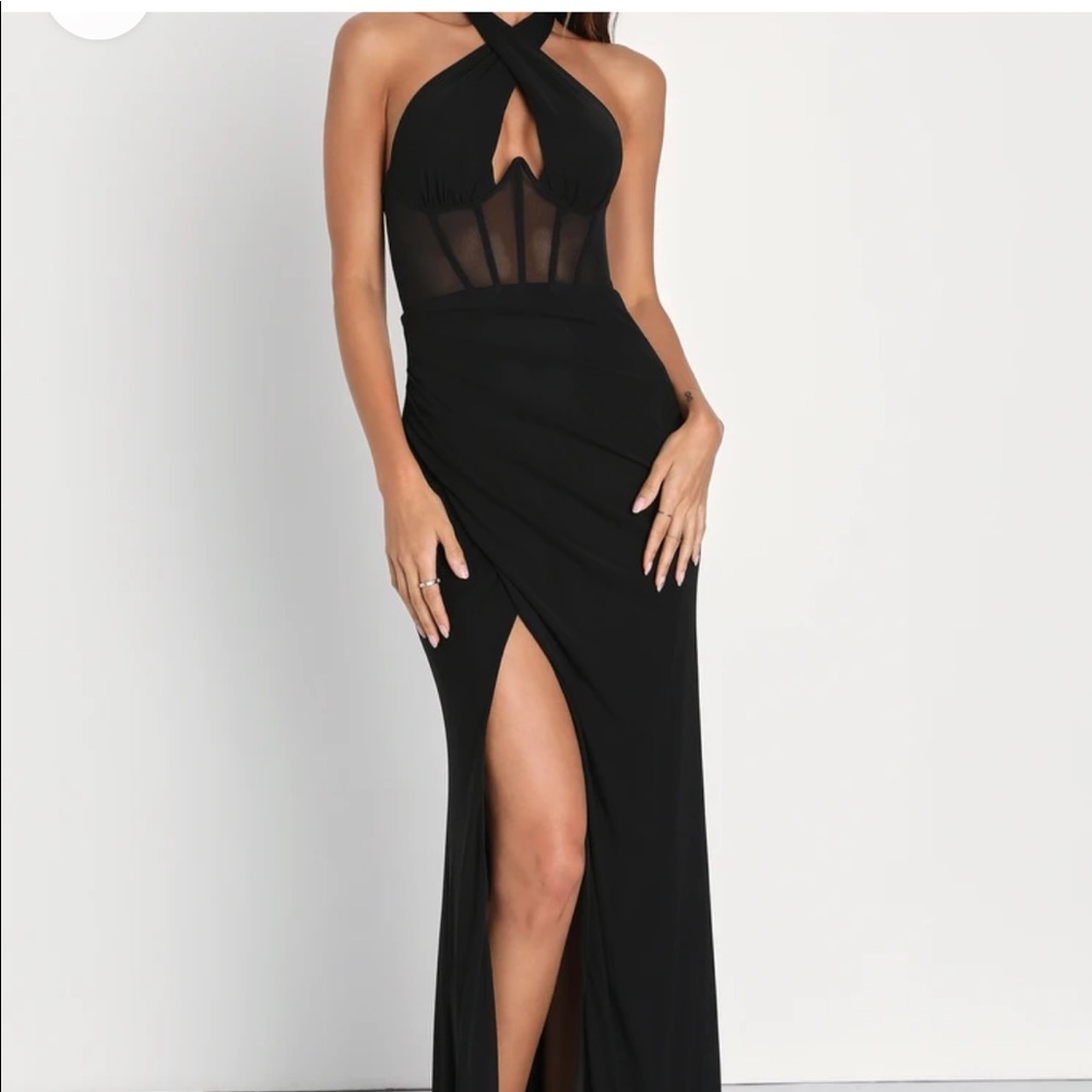 Lulus Black Mesh Cross-Front Halter Dress